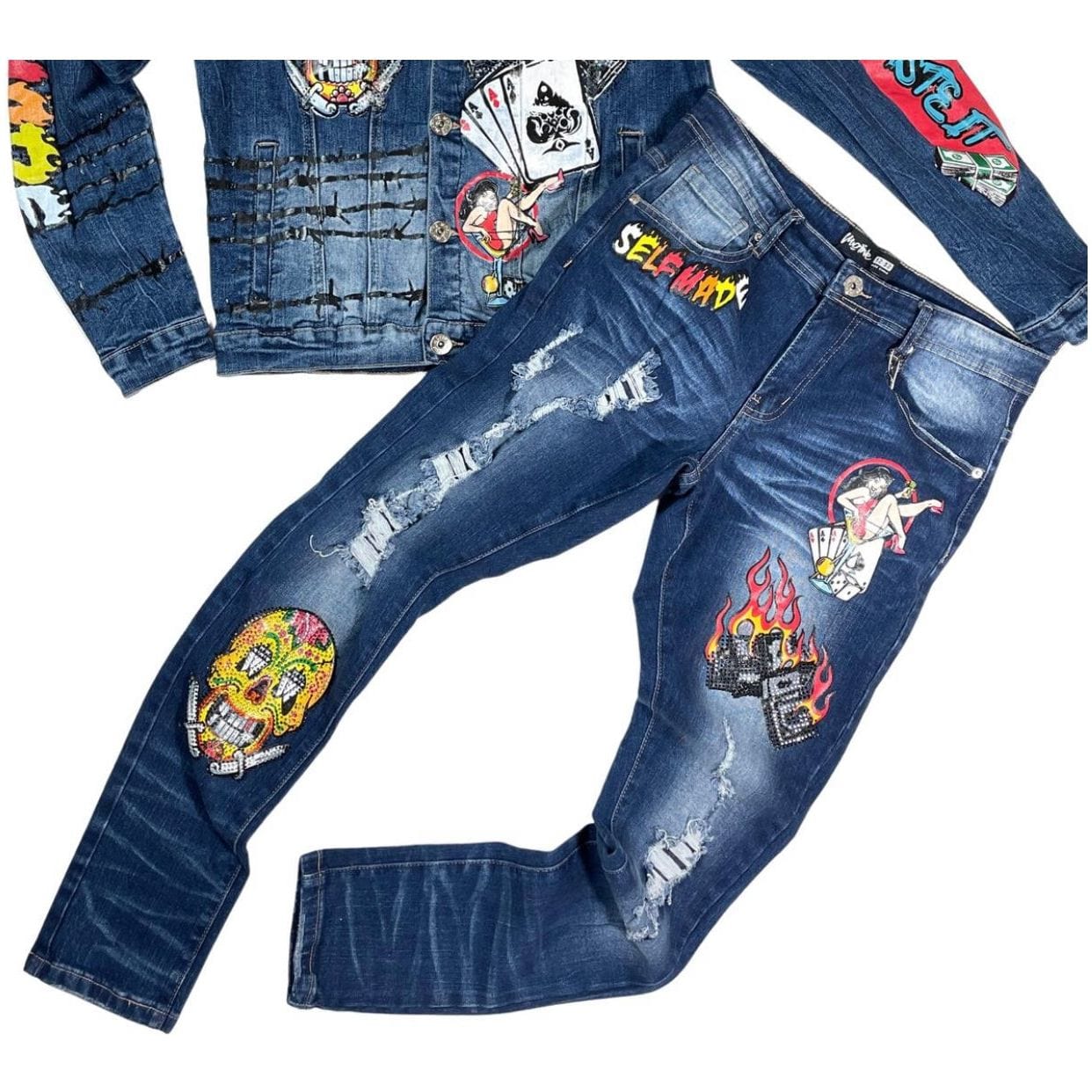 MD FASHION Mid blue Graffiti  Denim