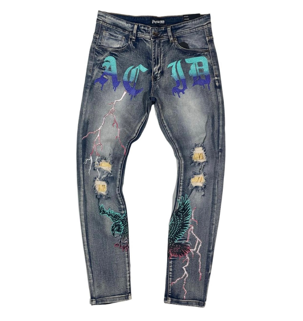 MD FASHION Vintage Acid Rhimestone Studded Denim